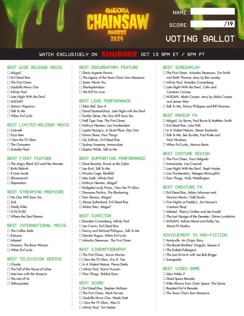 2024 FANGORIA Chainsaw Awards Ballot
