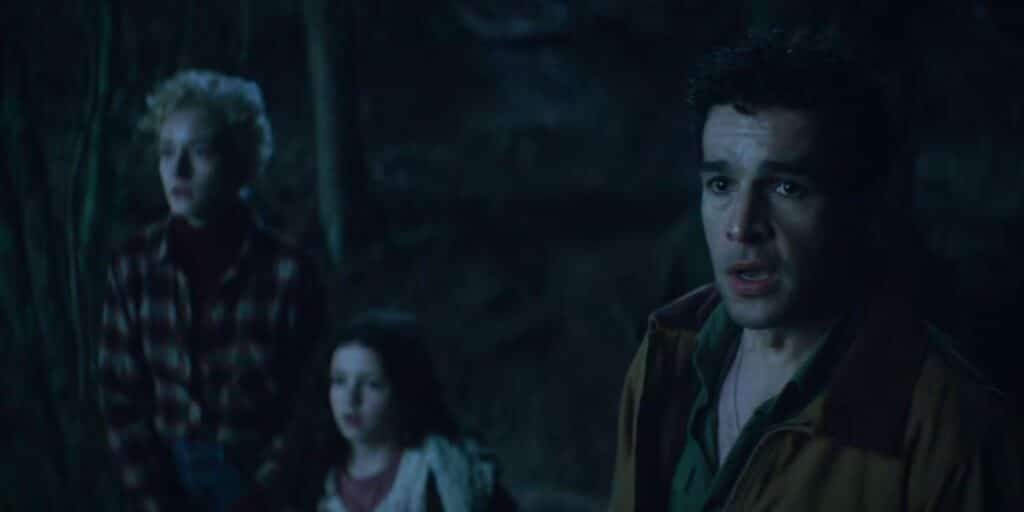 Julia Garner, Matilda Firth and Christopher Abbott in THE WOLF MAN