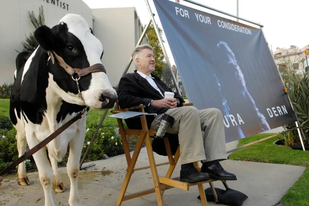 David Lynch and his cow on Hollywood Boulevard, promoting the film INLAND EMPIRE