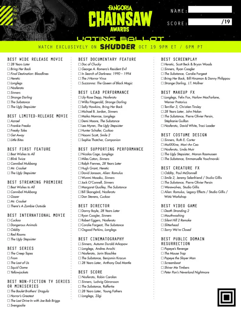 2025 FANGORIA Chainsaw Awards official ballot