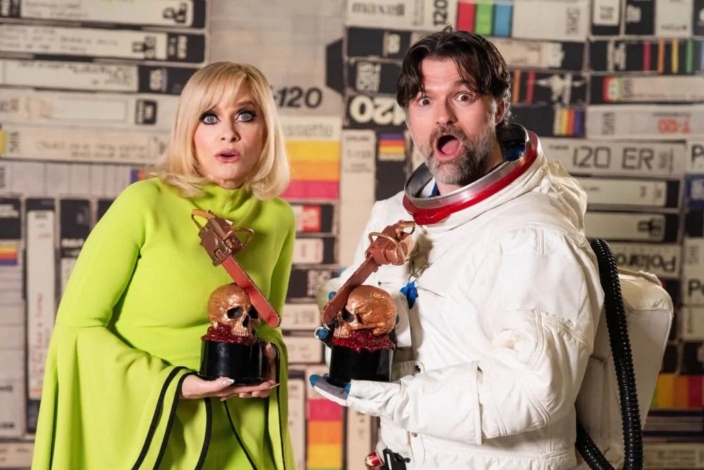 Josh Ruben and Barbara Crampton co-host the 2025 FANGORIA CHAINSAW AWARDS (Credit: Nanor Zinzalian for FANGORIA)