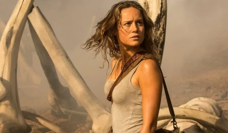 Brie Larson, pictured here with a skeleton but not in SKELETONS, her upcoming creature feature from JT Mollner (Credit: Warner Bros. Pictures)