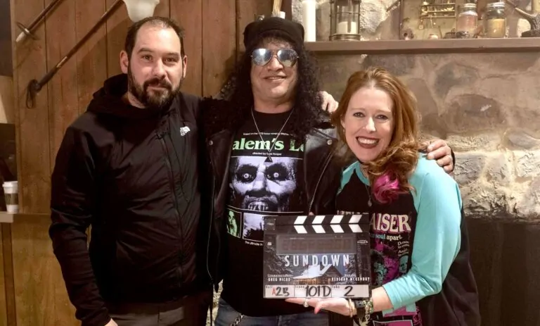 L to R: Greg Nicod, Slash, and Rebekah McKendry on the set of SUNDOWN (Credit: Thomas Fricke)