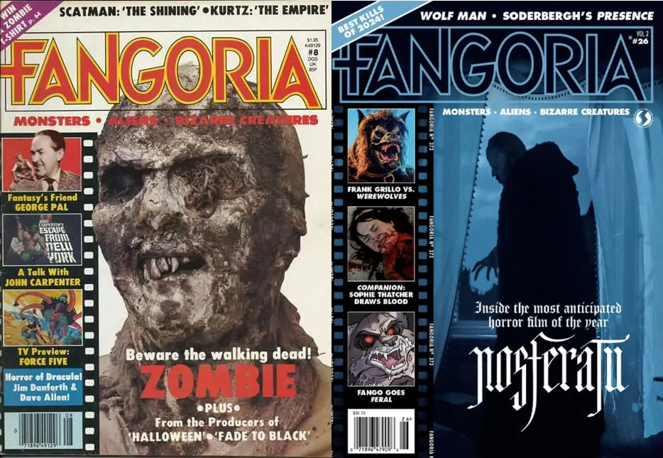 a side-by-side of Fango covers: Vol 1, Issue 8 and Vol 2, Issue 26