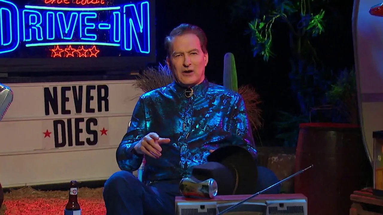 Joe Bob Briggs on the set of The Last Drive-In